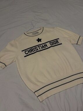 Dior Cream Short-Sleeve Logo Crewneck with Navy Trim